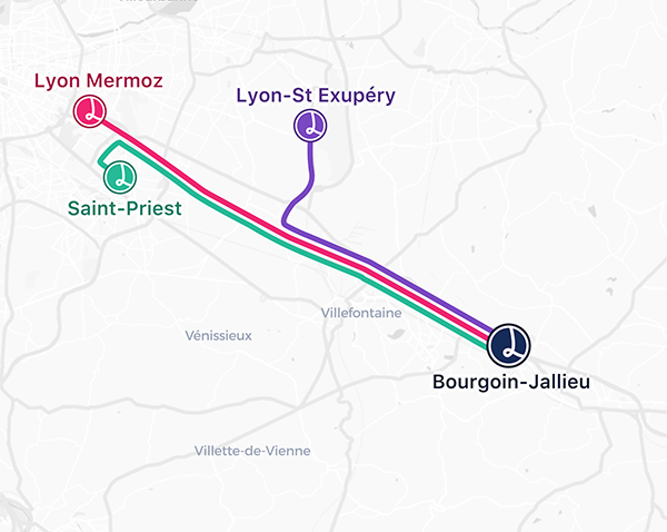Axe de covoiturage Bourgoin-Jallieu/Lyon de l'application mobile Lane